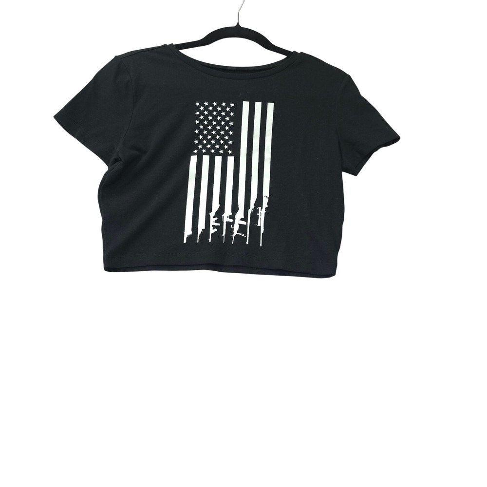Katie Bella Womens Black American Flag Gun Graphic Crop Top Size L Patriotic Tee
